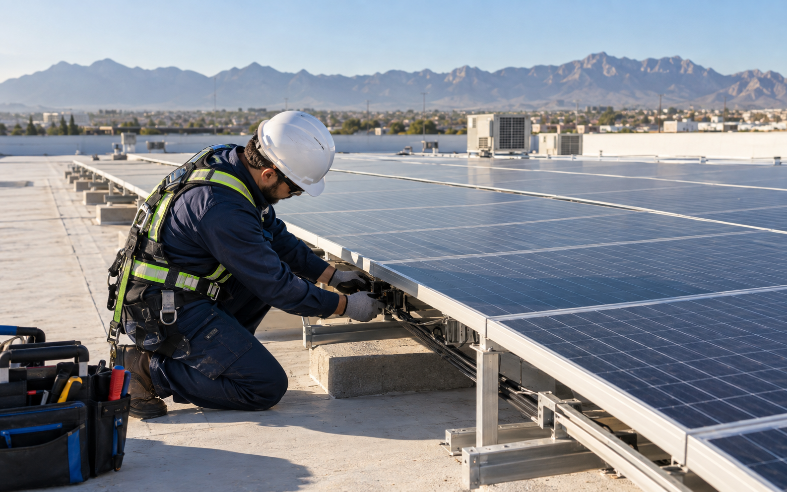 Técnico realizando mantenimiento preventivo en una instalación de paneles solares